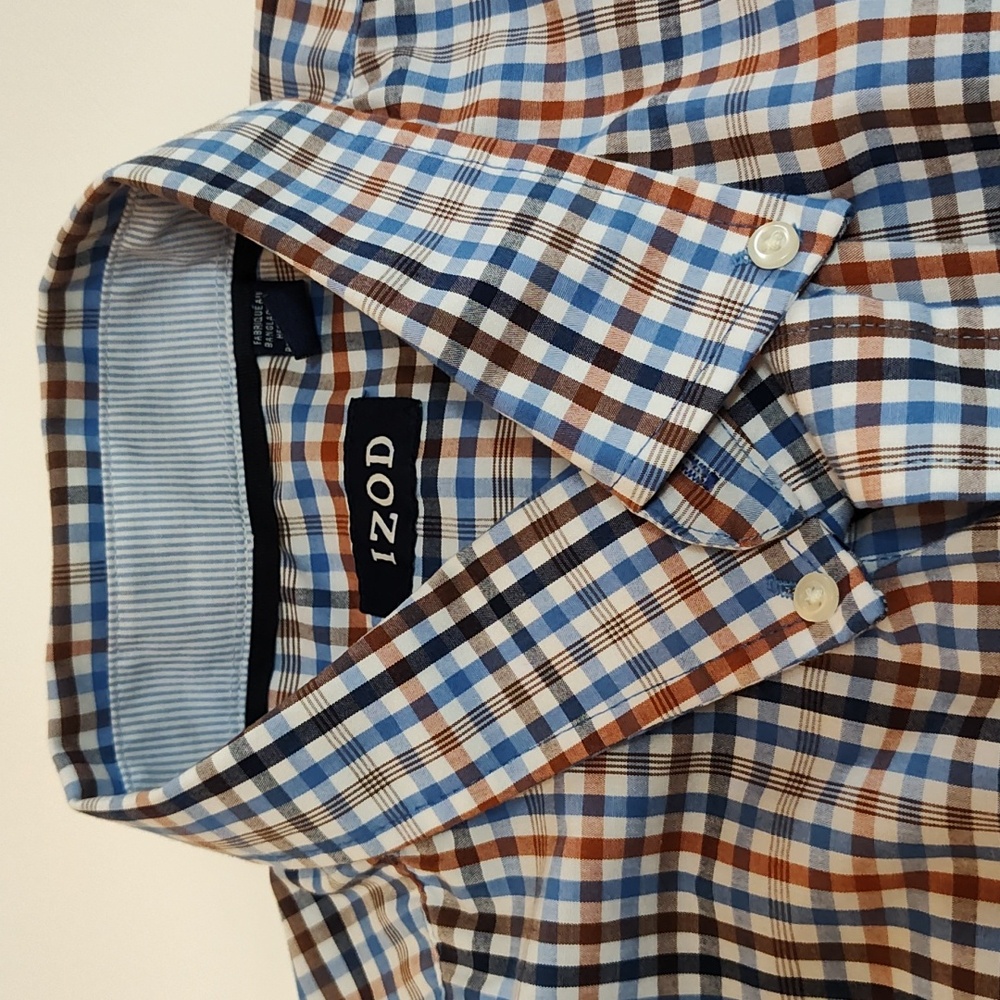 IZOD Button Down Shirt Size XLT Workwear Office Professional Blue & Tan Plaid